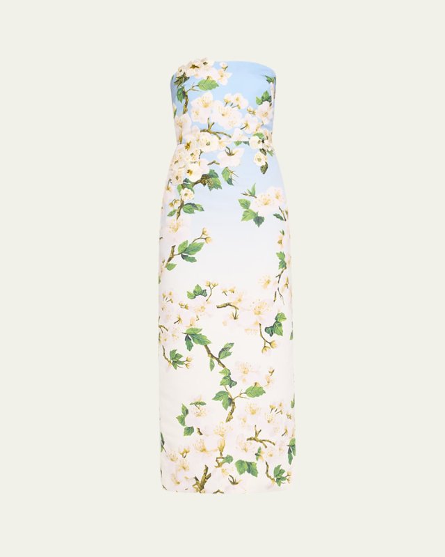 Strapless Cherry Blossom Ombre Embroidered Gown